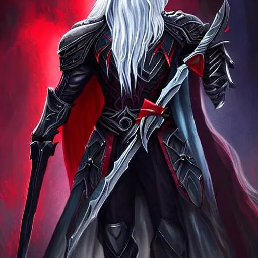 Prompt: Swain, nightbringer skin digital painting, men chatakter Swain general, red background, Swain is a fair skinned man with long, white hair. He wears black armor, black pants, and a black coat. His left arm was restored with the power of Raum, and consequently glows a shade of red.