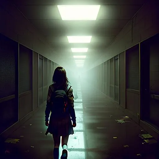 Prompt: A teenage girl in a deserted high school, at night, creepy, dark, in the limbo, Silent Hill inspired, extremely detailed painting by Greg Rutkowski and by Henry Justice Ford and by Steve Henderson.