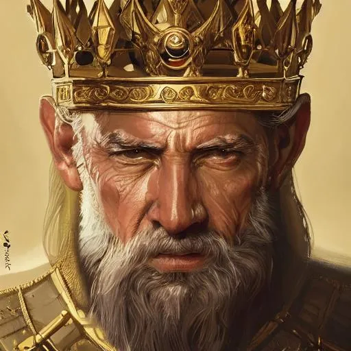 Prompt: portrait of an old king, Crown, selfish,wealthy, royal, upper body, longsword, D&D, fantasy, intricate, cinematic lighting, highly detailed, digital painting, artstation, concept art, smooth, sharp focus, illustration, art by Artgerm and Greg Rutkowski and Alphonse Much