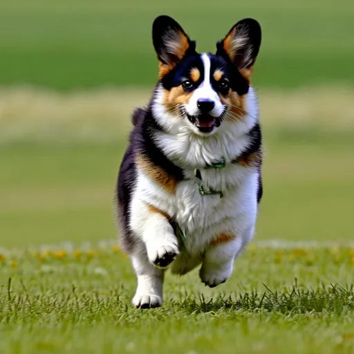 Prompt: Please make a black and white furred corgi running though an open grassland