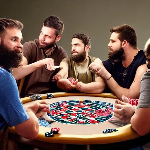 Prompt: 5 guys playing poker on a table.
All of them have brown hair and a beard and execpt one. He is shorter than the other guys and has no beard. Draw the picture in first person.
