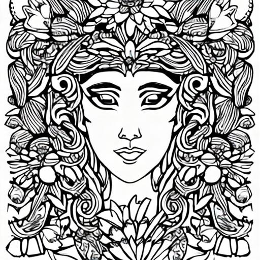 Black and white coloring page of a goddess surrounde... | OpenArt