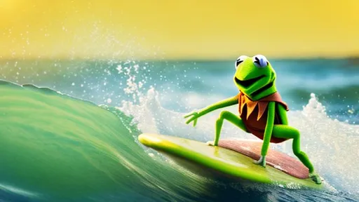 Prompt: Kermit the frog surfing on the sea waves while sunny weather