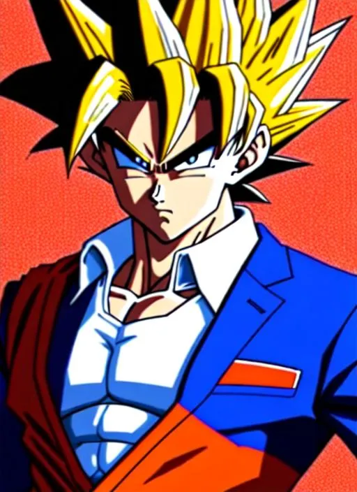Prompt: Goku, from dragon ball, three-piece suit, check watch, Masterpiece, Best Quality, Extremely Detailed Face, Perfect Lighting, Solo, Muscle