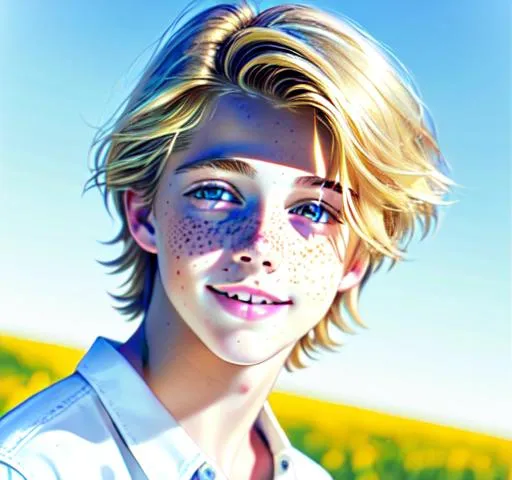 Prompt: Hyperrealistic Hyperrealism front view of face (headshot) (straight forward view) facing camera Beautiful young teen boy, (kid cole sprouse)+++ blond boy, straight hair, happy eyes, innocent, boy model, 16 years old, pretty, cute, freckles, cinematic lighting, blue sky, bright colors, blue, green, yellow, white,  luminous, hyperdetailed, great composition, professional, artstation award