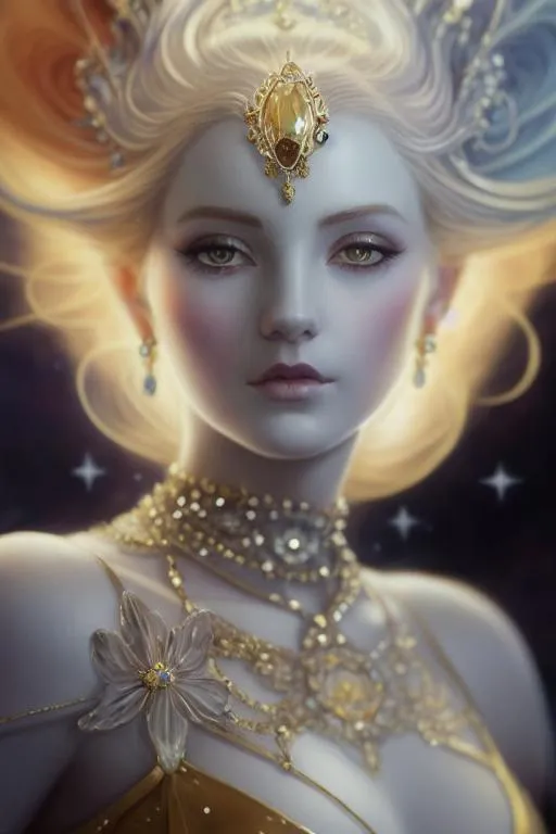 Prompt: a close up portrait of An intergalactic beautiful empress, beautiful symmetrical face, silky gradient red hair hair, golden eyes, wearing a exquisite gown with delicate intricate details, shimmer, glow. Art by  stanley artgerm, peter mohrbacher, Clint cearley, Brian Froud, rossdraws, guweiz, wlop, ilya kuvshinov, Charlie bowater, Laura Diehl, makoto shinkai. painting by daniel f gerhartz, art by Andrew Atroshenko and Edouard Bisson. highly detailed, sharp focus, ethereal, fantastic view, dreamy, Epic, celestial, sparkling, glossy, light emitting,  inner light.

