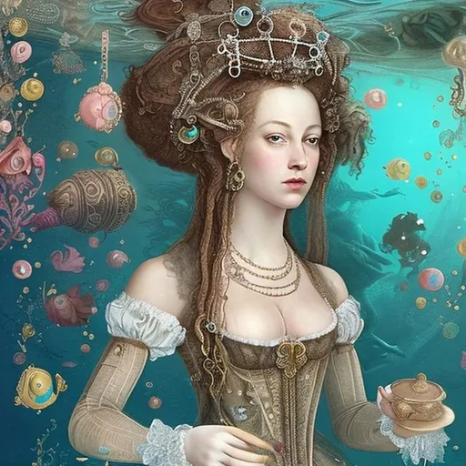 Prompt: woman in 16th century dress underwater tea party.  hair, elaborate hair, fabric, lace, bubbles. jewels, queen.  deep water.