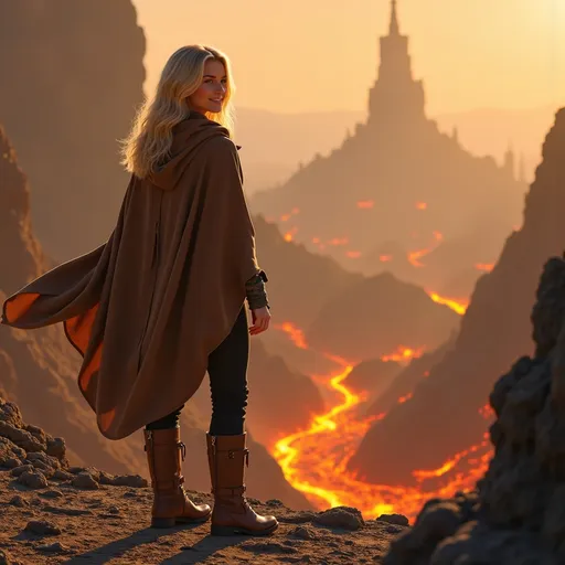 Prompt: @Tx4EIULSyAMOHH1dNuo5 on a planet that is volcanically active. She's wearing a brown cloak with a hood with heavy duty brown leather boots. She faces away from the camera. In the background is an alien town. 