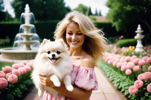 Prompt: Holga photography, photorealistic, a cute fluffy happy little white Pomeranian playing with happy smiling running Caucasian woman with long brown hair with blonde highlights Farrah Fawcett style, wearing a pink floral off-shoulder dress, in a romantic English flower garden with a fountain, low camera angle