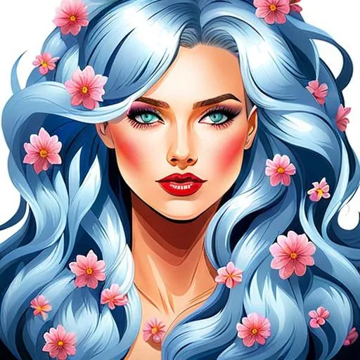 Prompt: Woman with thick silver hair, blue eyes, flowers in hair,ice blue color scheme