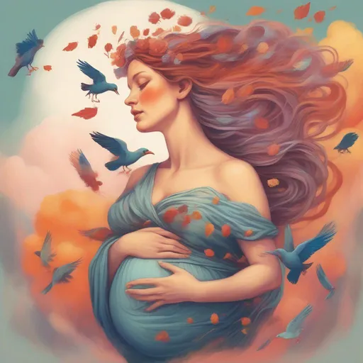 Prompt: A colourful and beautiful Persephone, with her hair being made out of clouds, pregnant and cradling her  with birds in flight around her in a painted style