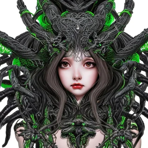 Prompt: Goddess of spiders hyper detailed small head dress and black and green


