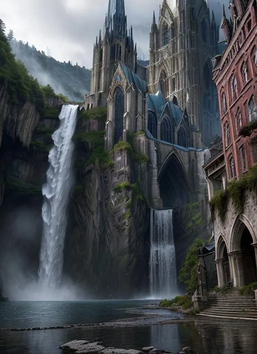 Prompt: a fantasy rpg  cathedral place in a city , cinematic scenery,  (waterfalls in the background, art by Alexandr Shabanov, art by Michal Karcz, art by Grzegorz Rutkowski)+++, photorealistic 64k resolution, HDR, epic, expansive, brilliant, stunning, hyperdetailedphotorealistic , ultra detailed, hyperrealistic, surreal, matte painting, unreal engine 5, UHD, first player sight

