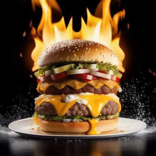 Prompt: Cinematic photography of exploding whopper burger king, displacing ingredients, steamy, splashing fire, onions and cheese falling, high speed, food photography.
