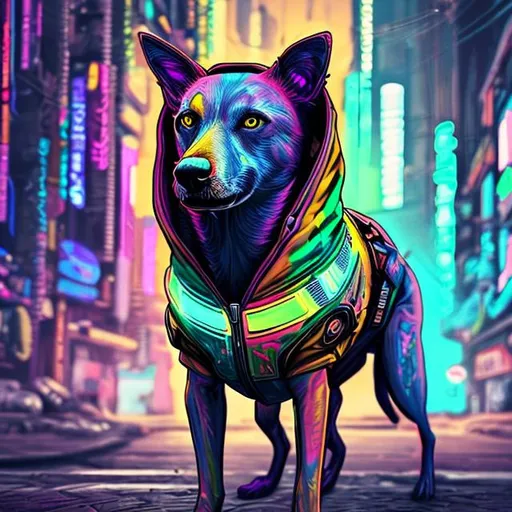 Prompt: colorful cyberpunk dog
 with hoodie

