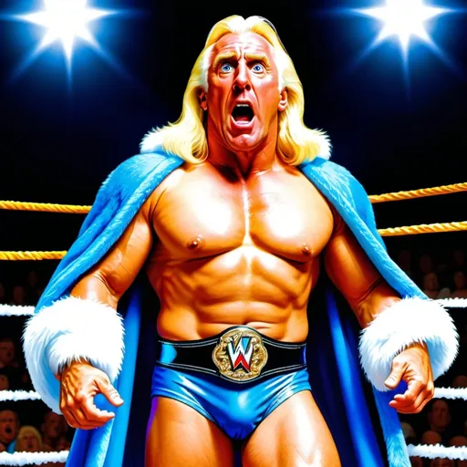 Prompt: Photo realistic, style Looney Toons, a little person WWE wrestler Ric Flair yelling  bleach blond flowing mullet hair, wearing  wrestling blue trunks and a long glittering flowing blue robe with big white fuzzy collar, arms raised, muscles championship wrestling belt around his waist, he has detailed Chinese facial features, audience, studio lighting, exciting aura
