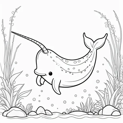Prompt: create a simple, cute, but realistic, large, animal drawing of a narwhal with no shading in thick black outline, black lines only leaving space for kids to color in, include minimal landscaping relating to the animal. Drawings to be suitable for a kids coloring book ages 2-5, make sure not to use existing works.