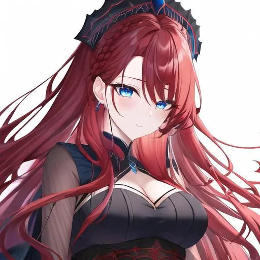 Prompt: Haley 1female (braided red hair pulled back, lively blue eyes), highly detailed face, 8K, UHD, a dark and enchanting ensemble with a flowing black gown, intricate spiderweb patterns, and a crown adorned with glistening spider motifs  posing for the camera, young adult