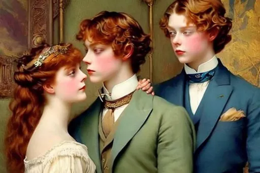 Prompt: Edwardian painting, beautiful young woman with brown hair and blue eyes  and Prince, lovers