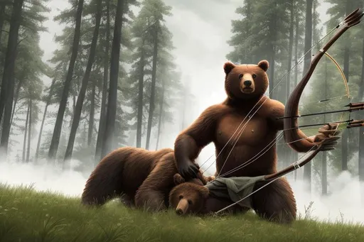 Prompt: bear, hunting, bow and arrow, 4k, forest