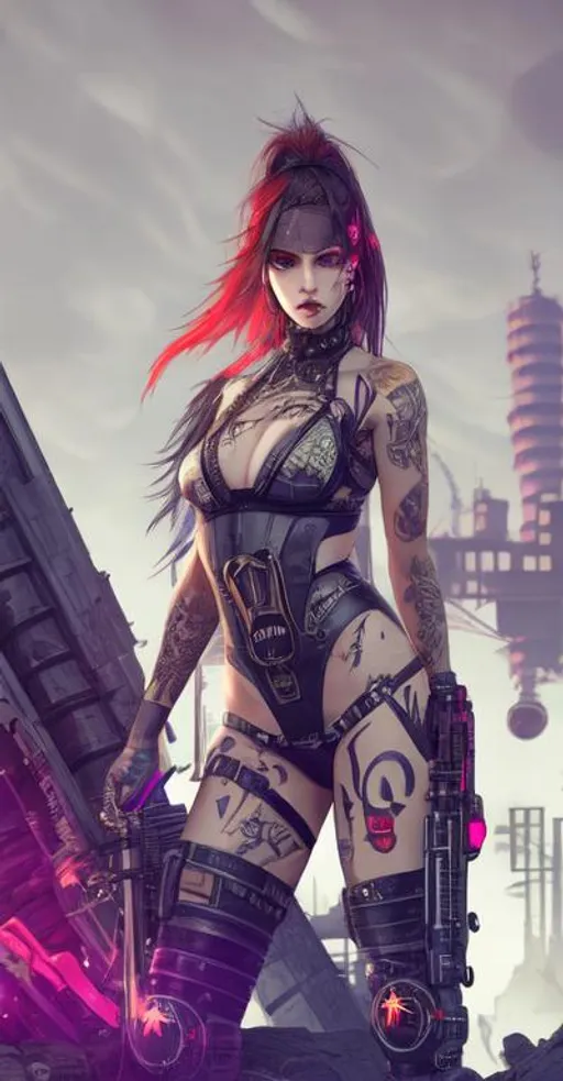 Prompt: Beautiful cyberpunk female with tattoos, apocalyptic, swords, guns, fire, anatomical, dark, gothic