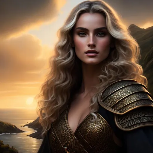 Prompt: Oil painting, Chiaroscuro, landscape, UHD, 8K, highly detailed, panned out view of the character, (((((full body))))), a hyperdetailed Vikings tall girl, hyperdetailed large blonde hair, masterpiece, hyperdetailed full body, hyperdetailed feminine attractive face and nose, complete body view, ((hyperdetailed eyes)), perfect body, perfect anatomy, beautifully detailed face, alluring smile, ((scantily clad)), golden scales. She wears a black Nordic chest with gold and silver filigree and silver lace stockings with gold trim. (She is looking through a window of a high tower in an elven kingdom). 