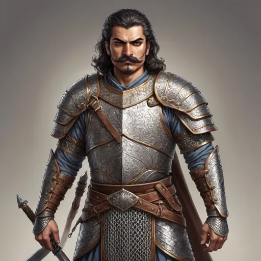 Prompt: Full body, Fantasy illustration of a persian warrior, skilled and badass, mustache, chainmail armor, neutral expression, high quality, fantasy, detailed armor, male