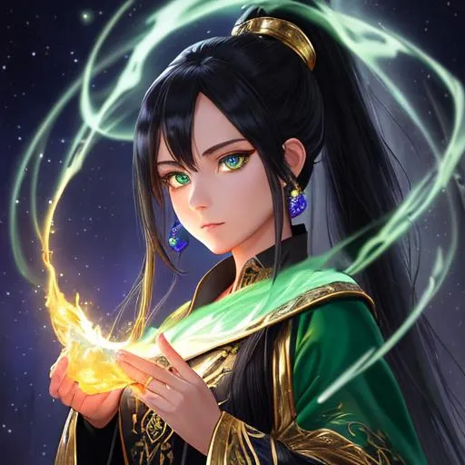 Prompt: "Full body, oil painting, fantasy, anime portrait of a young gold dwarf woman with flowing ash black hair in a ponytail and dark blue eyes | Elemental earth sorceress wearing intricate green wizard robes casting a rock spell, #3238, UHD, hd , 8k eyes, detailed face, big anime dreamy eyes, 8k eyes, intricate details, insanely detailed, masterpiece, cinematic lighting, 8k, complementary colors, golden ratio, octane render, volumetric lighting, unreal 5, artwork, concept art, cover, top model, light on hair colorful glamourous hyperdetailed medieval city background, intricate hyperdetailed breathtaking colorful glamorous scenic view landscape, ultra-fine details, hyper-focused, deep colors, dramatic lighting, ambient lighting god rays, flowers, garden | by sakimi chan, artgerm, wlop, pixiv, tumblr, instagram, deviantart