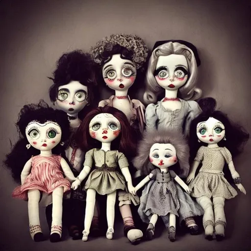 Prompt: Vintage dolls in the style of Tim Burton 