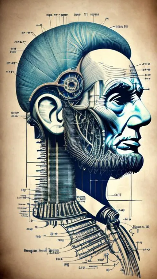 Prompt: technical drawing blueprint Futurism art style infographics exploded view of  biomechanical head of abraham lincoln by hr giger  retro, infographics, marginalia, detailed exploded view, 1950's popular mechanics poster, retrofuturistic
