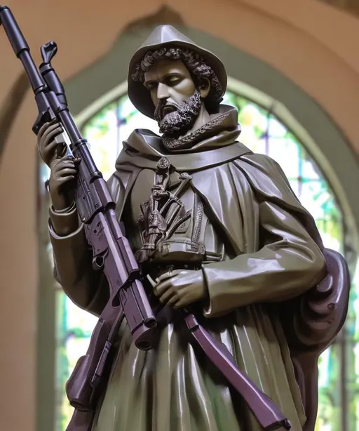 Prompt: St. Francis Xavier statue standing tall and heroic with a Dragunov SVD sniper in his arms. Color theme is purplish green.