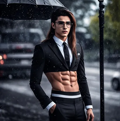 Prompt: an attractive 20-years old extremely long-haired man with a six pack abs and glasses wearing a crop top black suit and tie with black suit pants, hands on hips and flexing his midriff abs, holding umbrella in rain, raining background