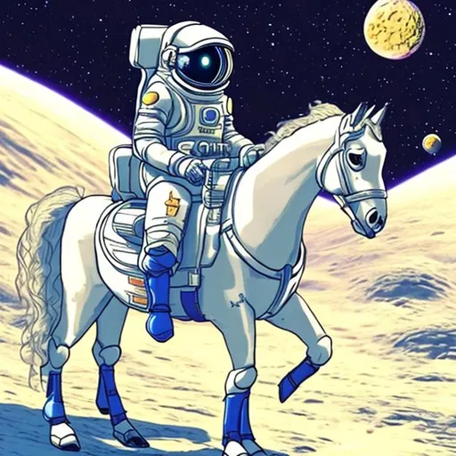 Prompt: Futuristic space cowboy riding a horse in a space suit. the space suit for the cowboy and the horse should be thin. they should be on an obviously alien planet.
