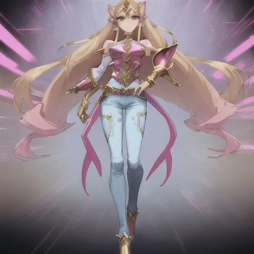 Prompt: princess zelda, full body, futuristic look, pink cat armor, red right shoulder pad with gold-colored edging, white left shoulder pad with gold-colored edging, pink cat helmet with gold-colored edging , jeans, ultra detailed