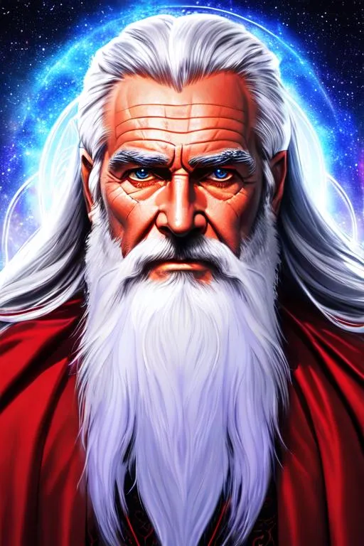 Prompt: upper body  portrait of a master sorcerer with a red luxury and magical sorcerer robe with intricate, He has long and wrinkle face, long beard with symmetric braids, grayish silver hair, shiny blue eyes, multiple dragon shape flashing in sky, [Harrison Ford:Sean Connery:0.5] ultra detailed, UHD 8k, The artwork by Amano Yoshitaka and Chris Foss