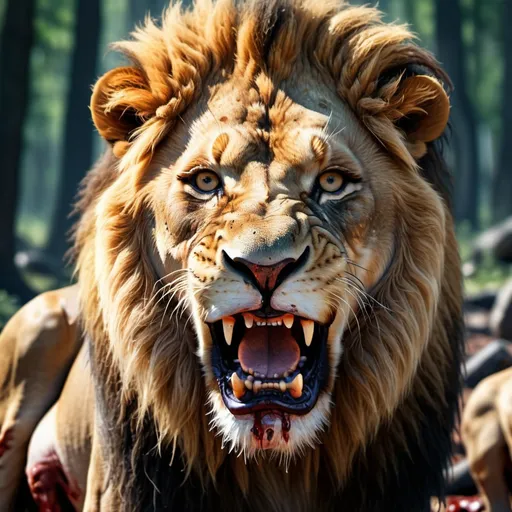 Prompt: detailed illustration of lion with roughed look, looking at the viewers, with the angry expression_1:2.0, with the blood in the mouth with cinematic lighting, background with forest full of some animal skulls,with 8k resolution