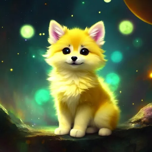 Prompt: Cute, yellow, fluffy, fantasy light puppy, with lighting, yellow eyes, yellow fur, and possessing the element of space and making circles of lighting stripes
 move around in the air in a magical way, in a space background. Perfect features, extremely detailed, realistic. Krenz Cushart + loish +gaston bussiere +craig mullins, j. c. leyendecker +Artgerm.