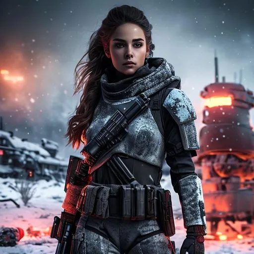 Prompt: create beautiful fictional female elite space soldier in winter who is covered in blood and battle-scarred from war, explosion in background extremely, detailed environment, detailed background, intricate, detailed skin, natural colors , professionally color graded, photorealism, 8k, moody lighting


