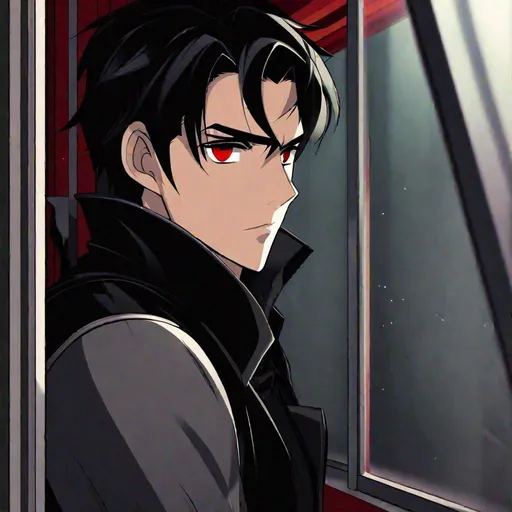 Prompt: Damien (male, short black hair, red eyes) staring out the window, stalking, sadistic look on his face