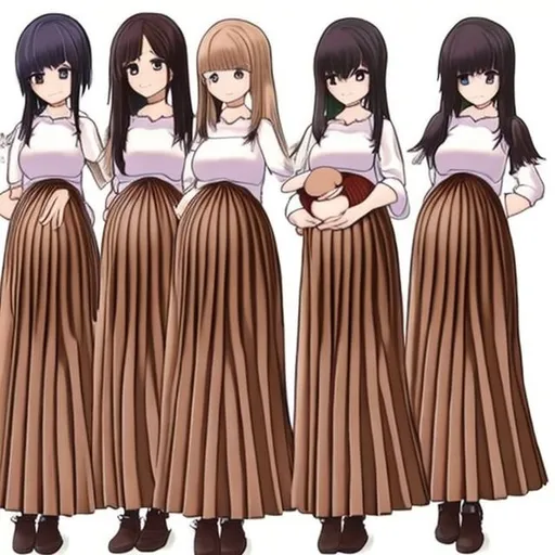 Prompt: There are multiple pregnant anime girls who are all wearing brown pleated long skirts. The hair of the anime girls are long and straight.

The pregnant anime girls are holding their baby bumps.
