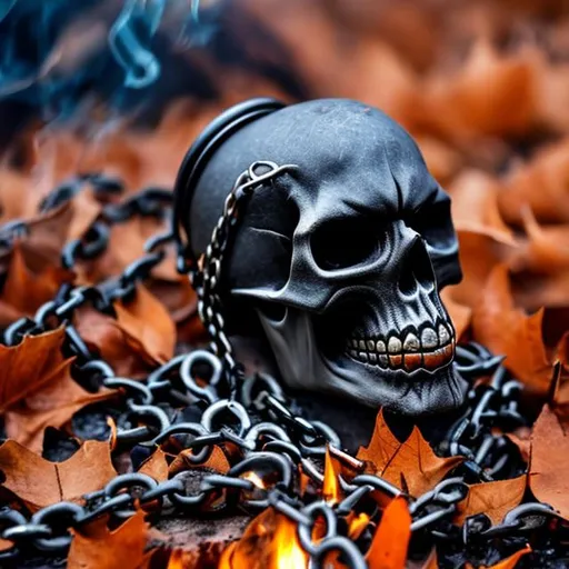 Prompt: Smoking skull with hat and steel chains, leather jacket, bike fire lots of burnt leaves