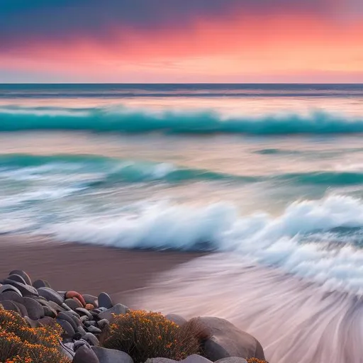 Prompt: Generate an image that depicts a serene coastal scene at sunset. The image's focal point should be a cluster of yarrow flowers growing along the edge of a beach bluff. The sea should be rough, but reflecting the warm hues of the setting sun. The yarrow flowers should be in shades of white, yellow, cream, and pale pink, and gentle, rolling waves should be in the background. The sun should be low on the horizon, casting a soft, golden glow over the entire scene. The sky should be painted in shades of orange, pink, and purple, with a few wispy clouds. The overall mood of the image should convey tranquility and the beauty of nature. Think places like the California coast.