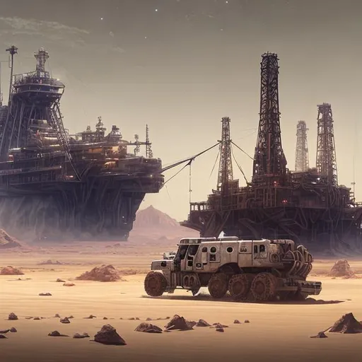 Prompt: desert, ship, tracked, oil rig, mobile, huge, scifi