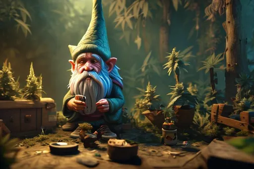 Prompt: hyper detailed dark gnome smoking a joint and surrounded by a marijuana forest dark cinematic hyper realistic 4k