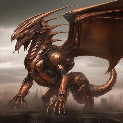 Prompt: fantasy art of a huge threatening copper futuristic robot computer dragon 