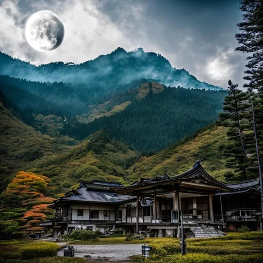 Prompt: japanese abounded house, dark night ,  full moon, mountain , dark forest , fire's , 