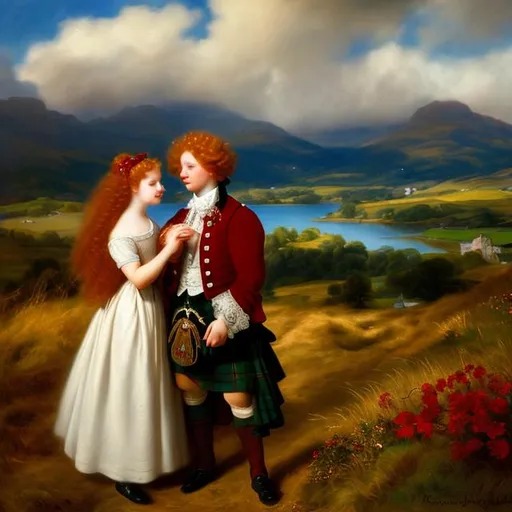 Prompt: Red-haired man with blue eyes,Holding little girl, red curly hair,clothes from 18th century, scotland landscape