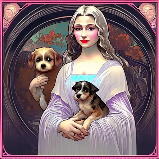 Prompt: a photo of a young woman holding 1 little dog, with white hair sitting in car filled with flowers, looking straight to the camera, big symmetrical blue eyes, little nose, smiling, red lipstick, (photoshot), (zen tangle, flower effects:1. 2), (art nouveau :1. 1), (Alphonse Mucha, Mona Lisa, unreal engine, 8K octane render , art by Rinko Kawauchi, in the style of naturalistic poses, vacation dadcore, youthful energy, a cool expression, body extensions, flowers in the sky, analog film, hyperrealistic, fujii camera, fish eye lens