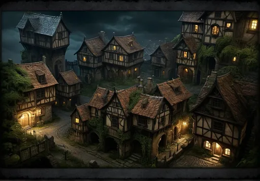 Prompt: Weathered Warhammer fantasy RPG style village, in night, after rain,detailed buildings, gloomy mood, eerie atmosphere, overgrown with ivy, ominous atmosphere, high quality, dark fantasy, weathered textures, gothic architecture, moody lighting, detailed cobblestone streets, high res, realistic, cloudy sky, atmospheric lighting