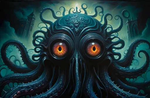 Prompt: Dark fantasy sinister beholder, ominous and haunting, high-res, detailed, eyes on tentacles, oil painting, dark and eerie atmosphere, mystical aura, sinister gaze, vivid colors, surreal, occult, symbolic, haunting shadows, mythical, mysterious lighting, macabre